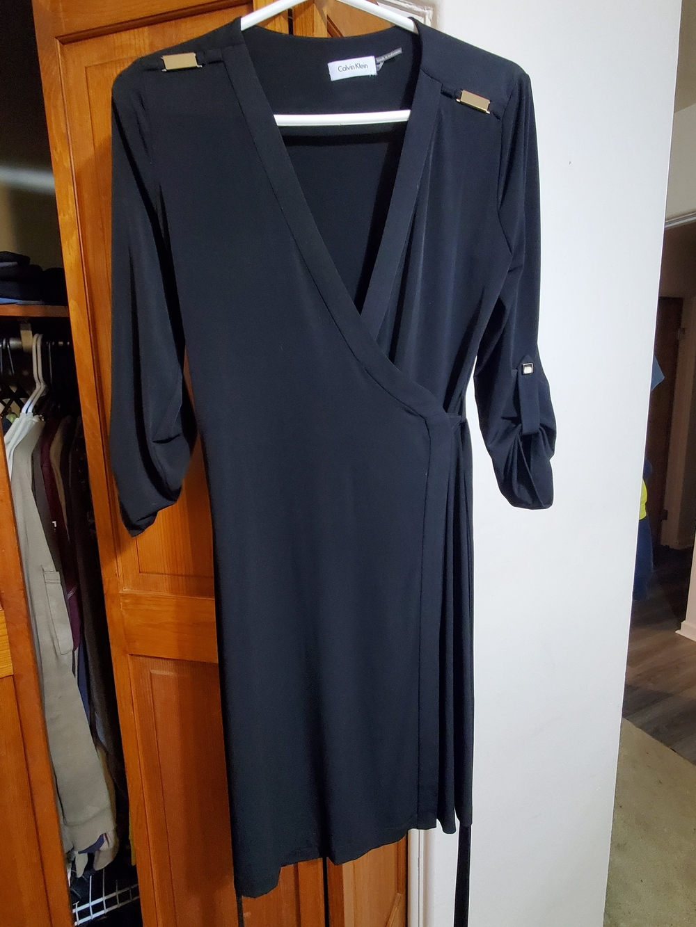 Calvin Klein Black Faux-Wrap Long Sleeve Dress with Gold Hardware